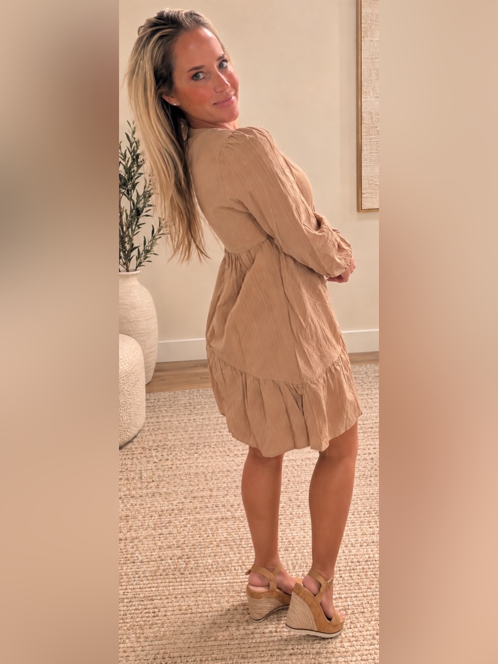 Very J Beige Tiered Mini Babydoll Dress